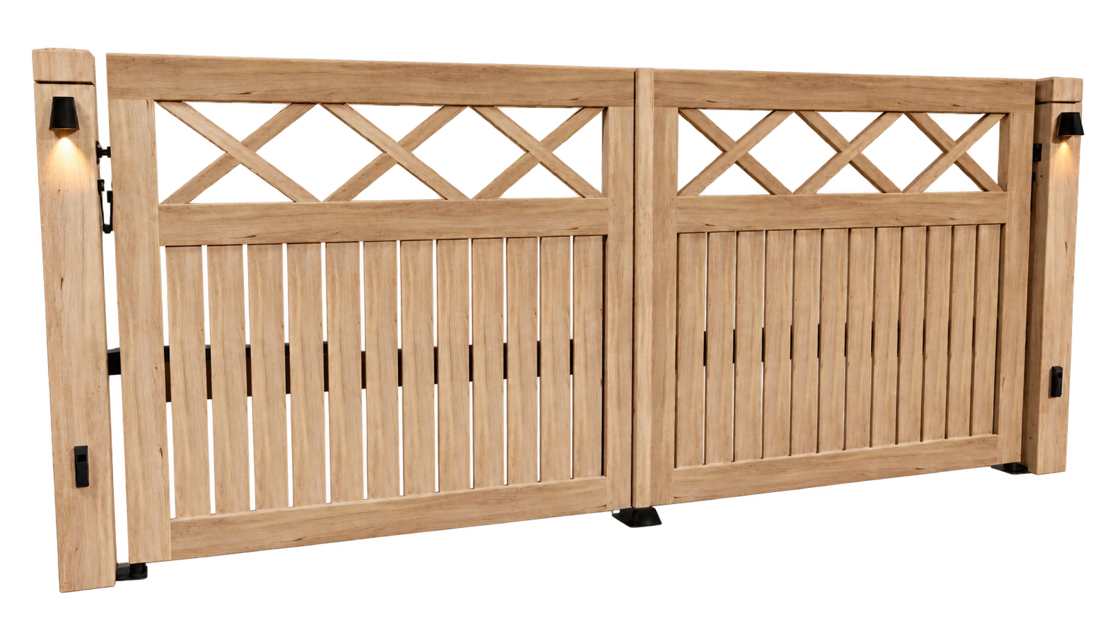 Fotorealistische render van een dubbele houten poort met verlichting